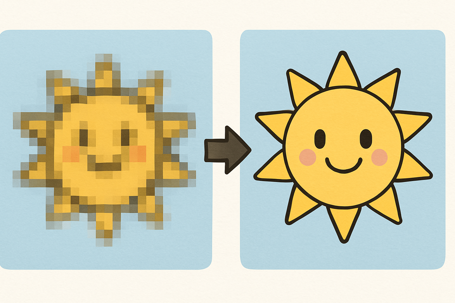 a simple cartoon showing a blurry, pixelated image on the left transforming into a clear, sharp image on the right.